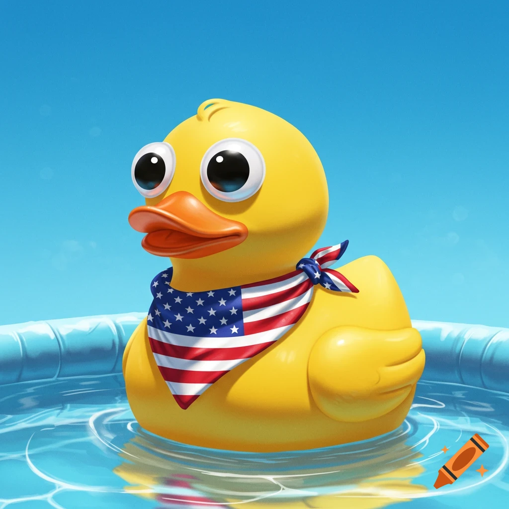 A cartoon rubber duck with big google eyes and an American flag bandana floats in a blue swimming pool.