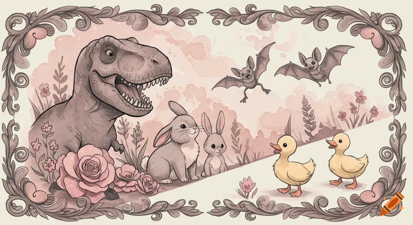 Whimsical watercolor illustration of a friendly T-Rex, two bunnies, two bats, and two ducklings in a flowery landscape with an ornate frame.