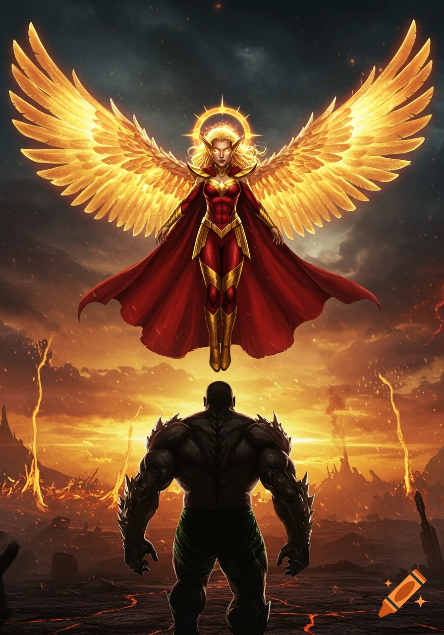 An angelic figure with golden wings and a red suit floats above a hulking, spiky monstrous figure in a volcanic, apocalyptic landscape.