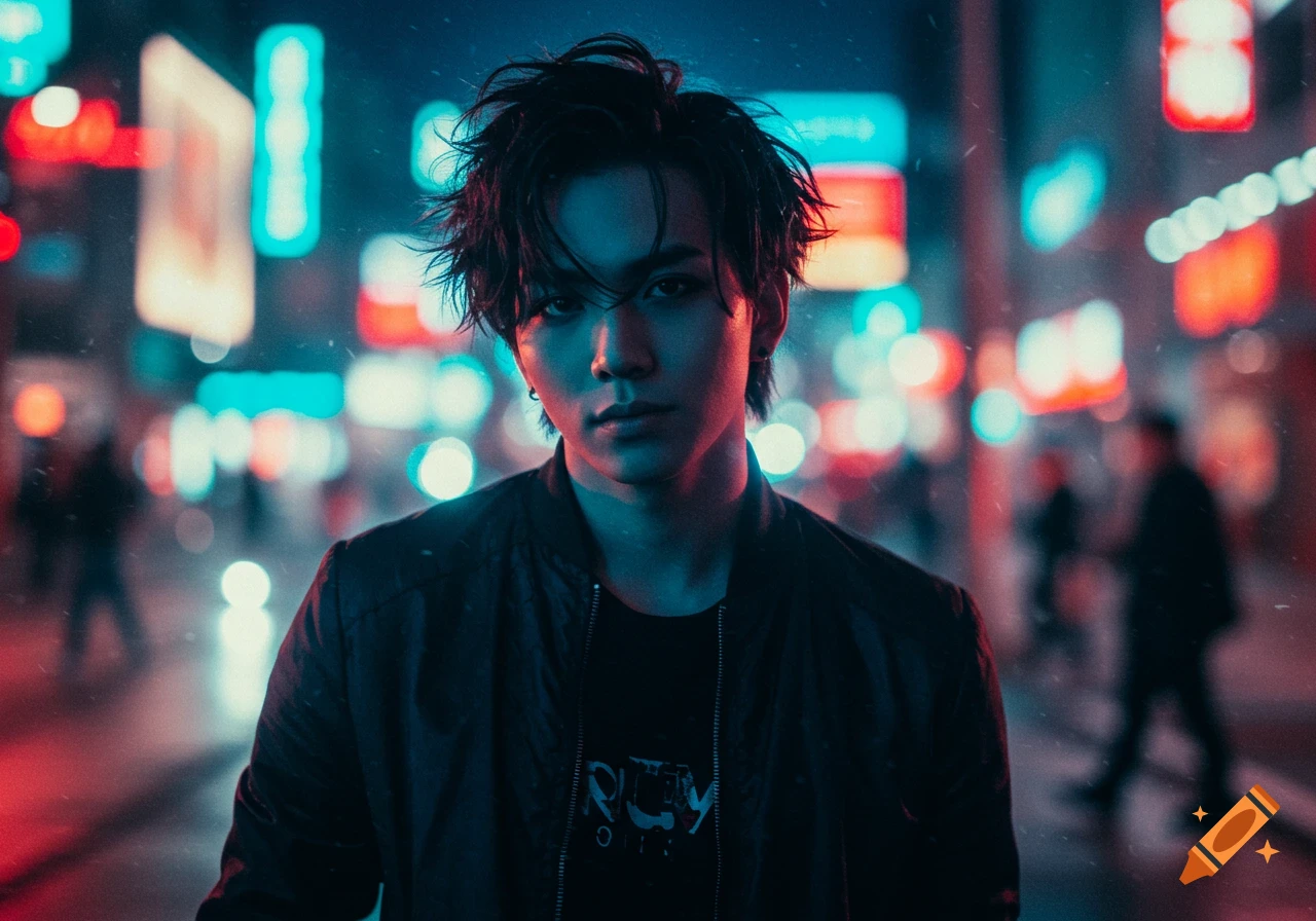 A young man with messy dark hair in a black jacket stands in a neon-lit city street at night, with blurred red and blue lights in the background. Photorealistic style.