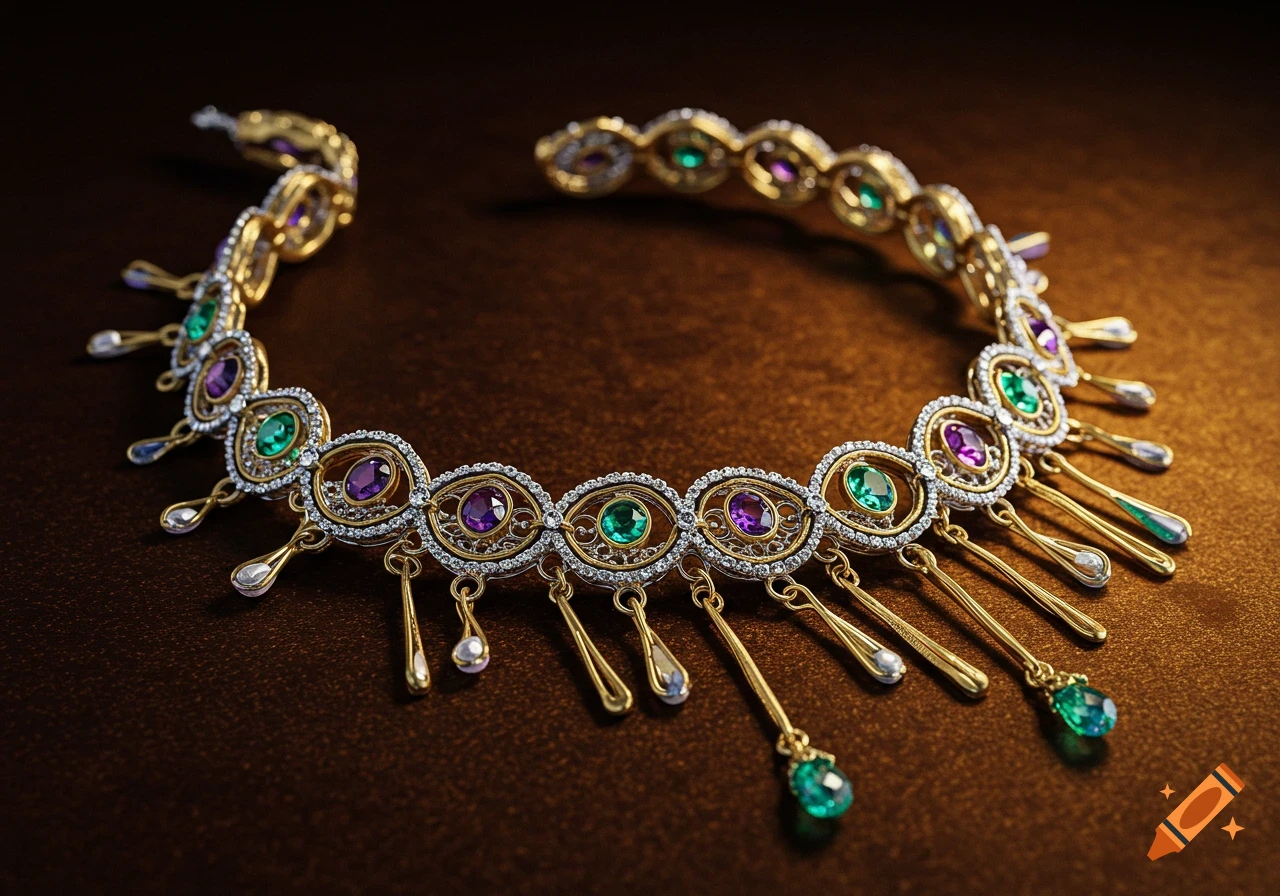 Ornate gold and silver necklace with green and purple gemstones on a brown surface.