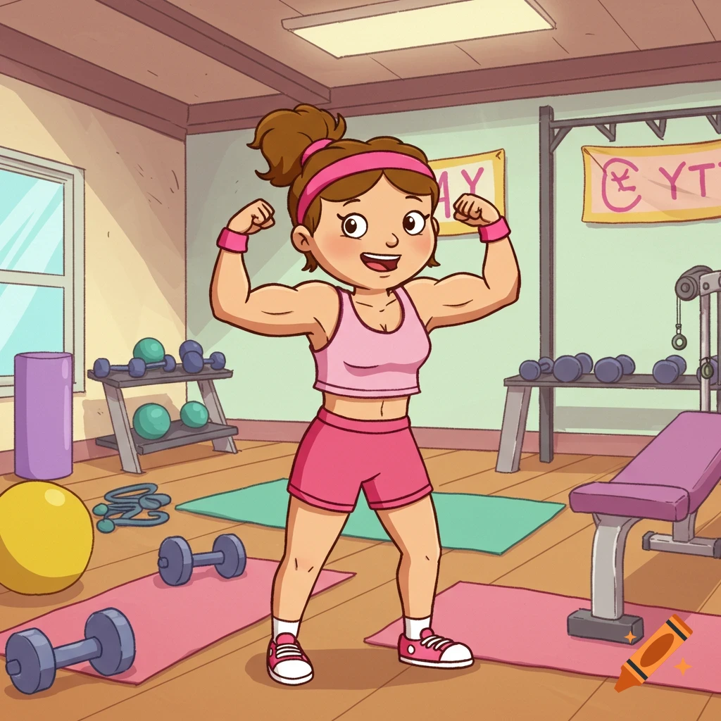 A cartoon woman with brown hair in a pink sports top and shorts flexes her biceps in a gym with weights and exercise mats.