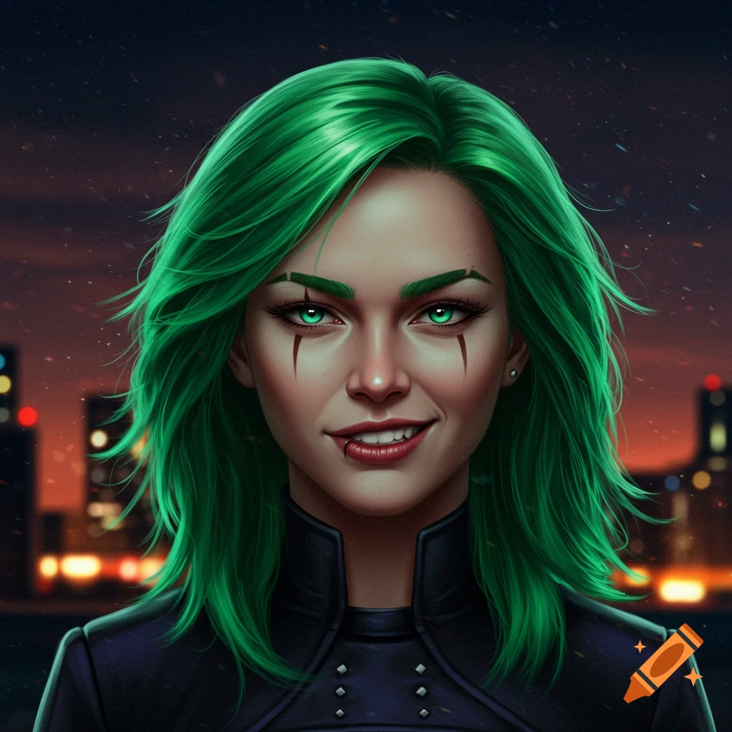 Portrait of a woman with vibrant green hair, green eyes, and black facial markings, smiling mischievously against a city background.