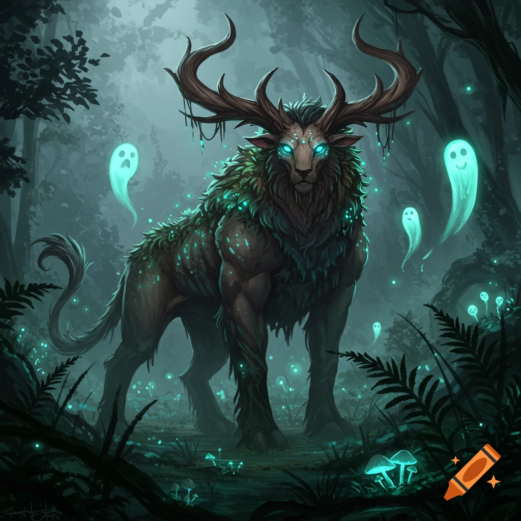 A majestic moss-covered creature with large antlers and glowing eyes stands in a dark, misty forest, surrounded by floating blue spirits and luminescent mushrooms.
