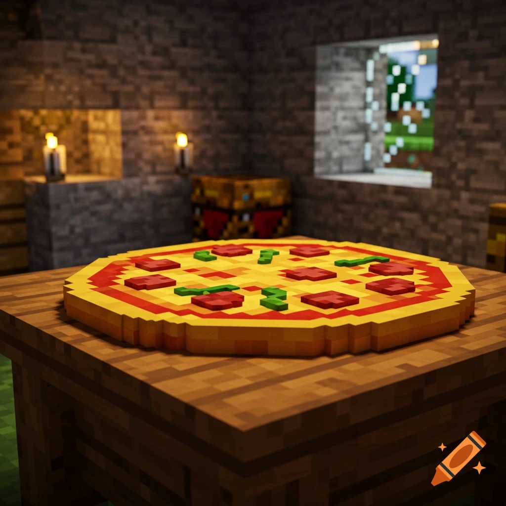 A blocky pixelated pizza on a wooden table in a Minecraft-style room with candles and a window.