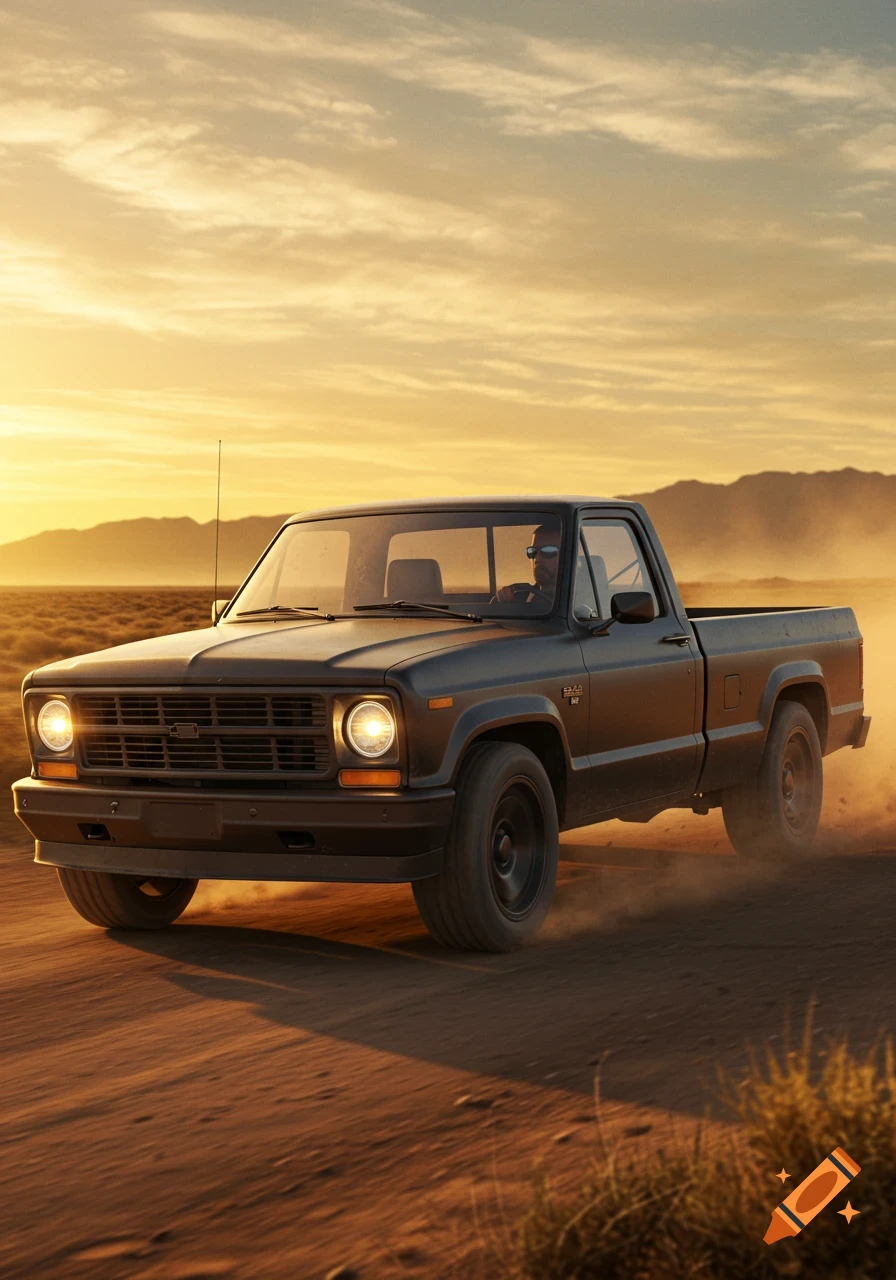 A black pickup truck kicks up dust driving on a dirt road through a desert landscape at sunset.