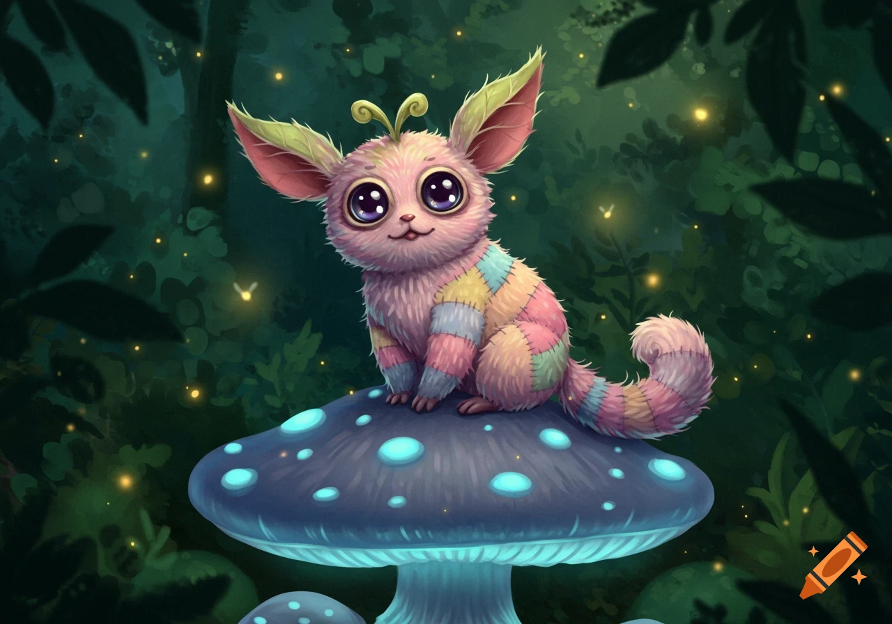 A cute, fluffy creature with patchwork fur and leaf-like ears sits on a glowing mushroom in a magical forest.