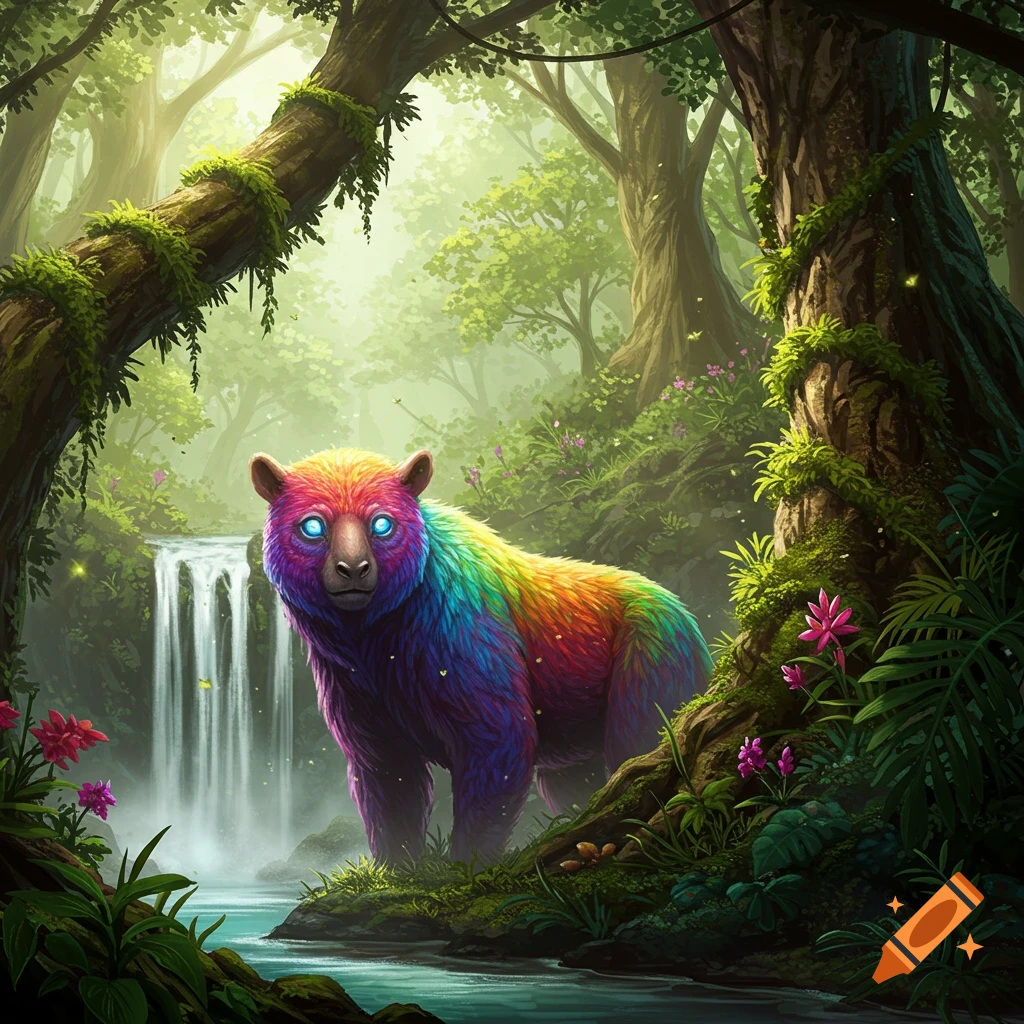 A vibrant, rainbow-colored bear with glowing blue eyes stands by a waterfall in a lush, misty rainforest with glowing plants.