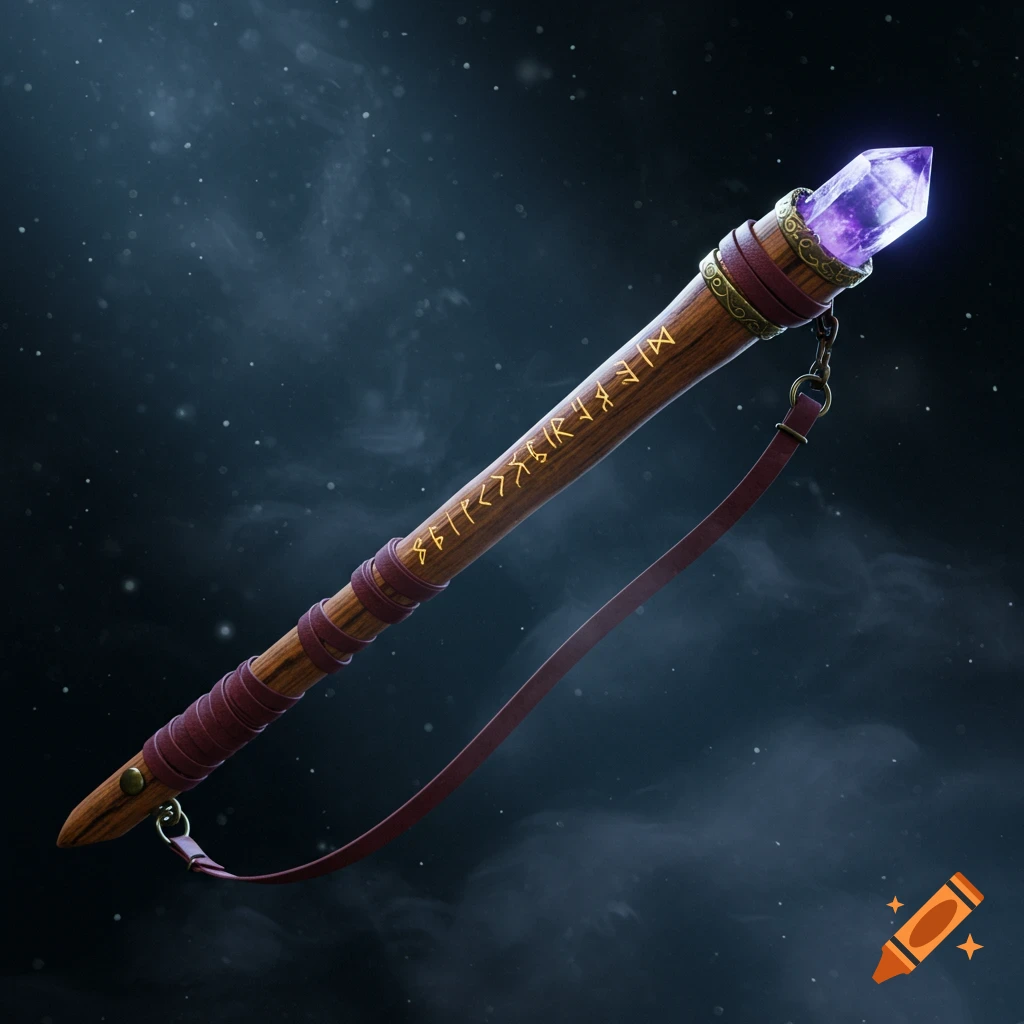 A wooden wizard's staff with a glowing purple crystal, gold runes, and a red leather strap against a dark, starry background.