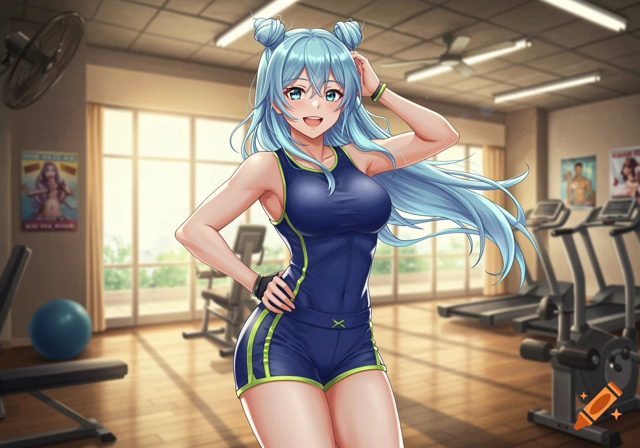 Anime girl with blue hair in a dark blue and green gym outfit smiling in a gym with exercise equipment.
