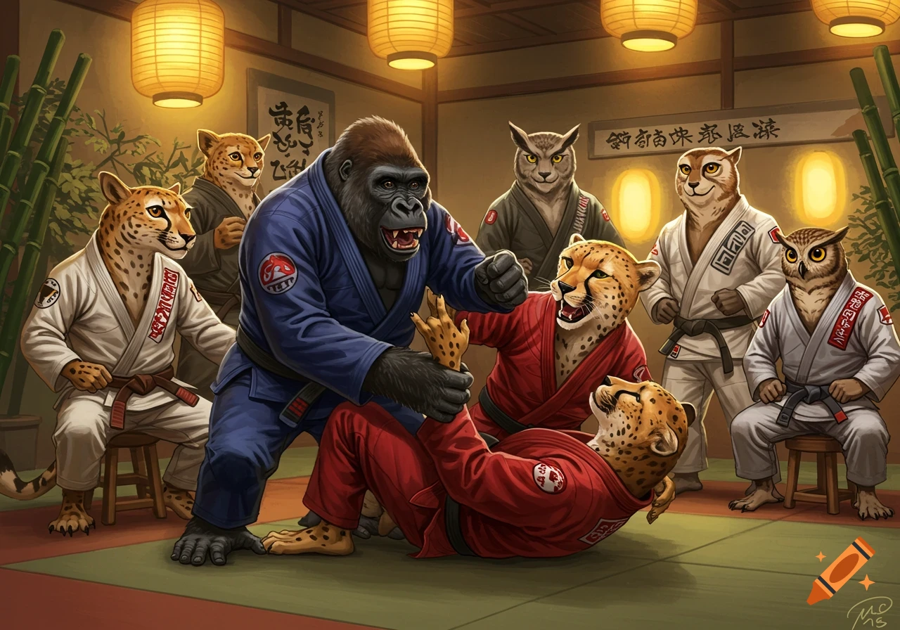 A gorilla in a blue gi practices Jiu-Jitsu with cheetahs in a red gi and white gis, while owls watch in a dojo setting with hanging lanterns.