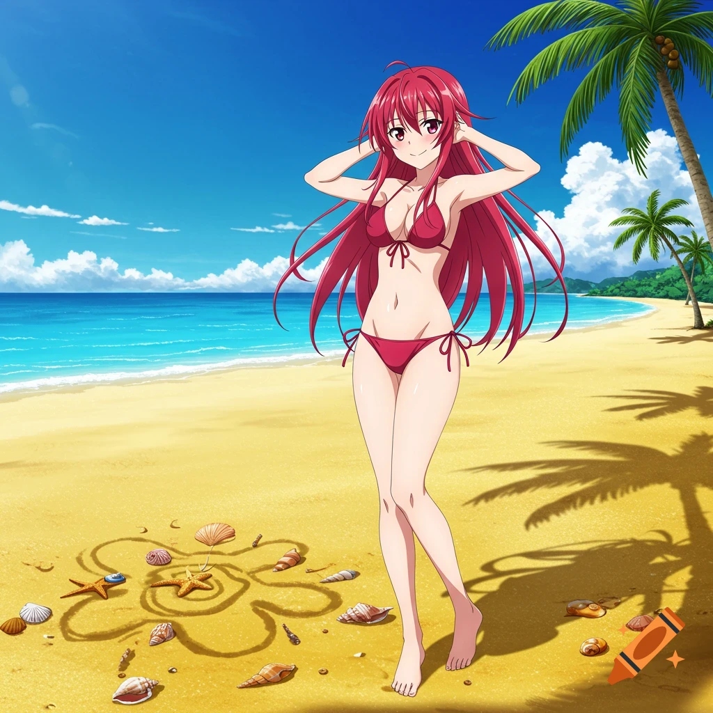 Anime girl with long red hair wearing a red bikini stands on a sandy beach by the ocean, with palm trees in the background.