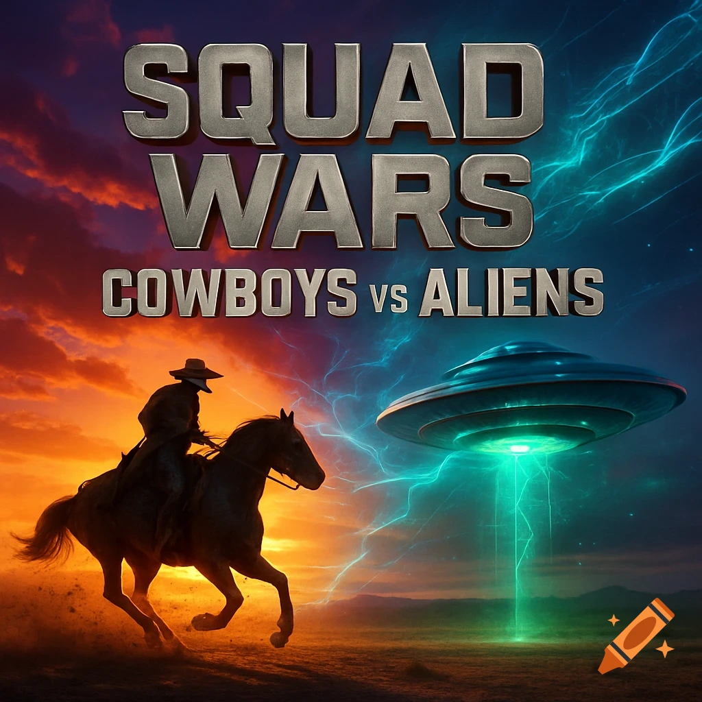 A cowboy on a horse faces a glowing UFO under a dramatic sky, with the text 'SQUAD WARS COWBOYS VS ALIENS' above.