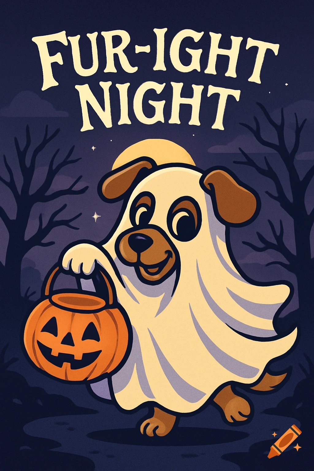 A cute cartoon dog dressed as a ghost holds a jack-o'-lantern bucket under a full moon with "FUR-IGHT NIGHT" text.