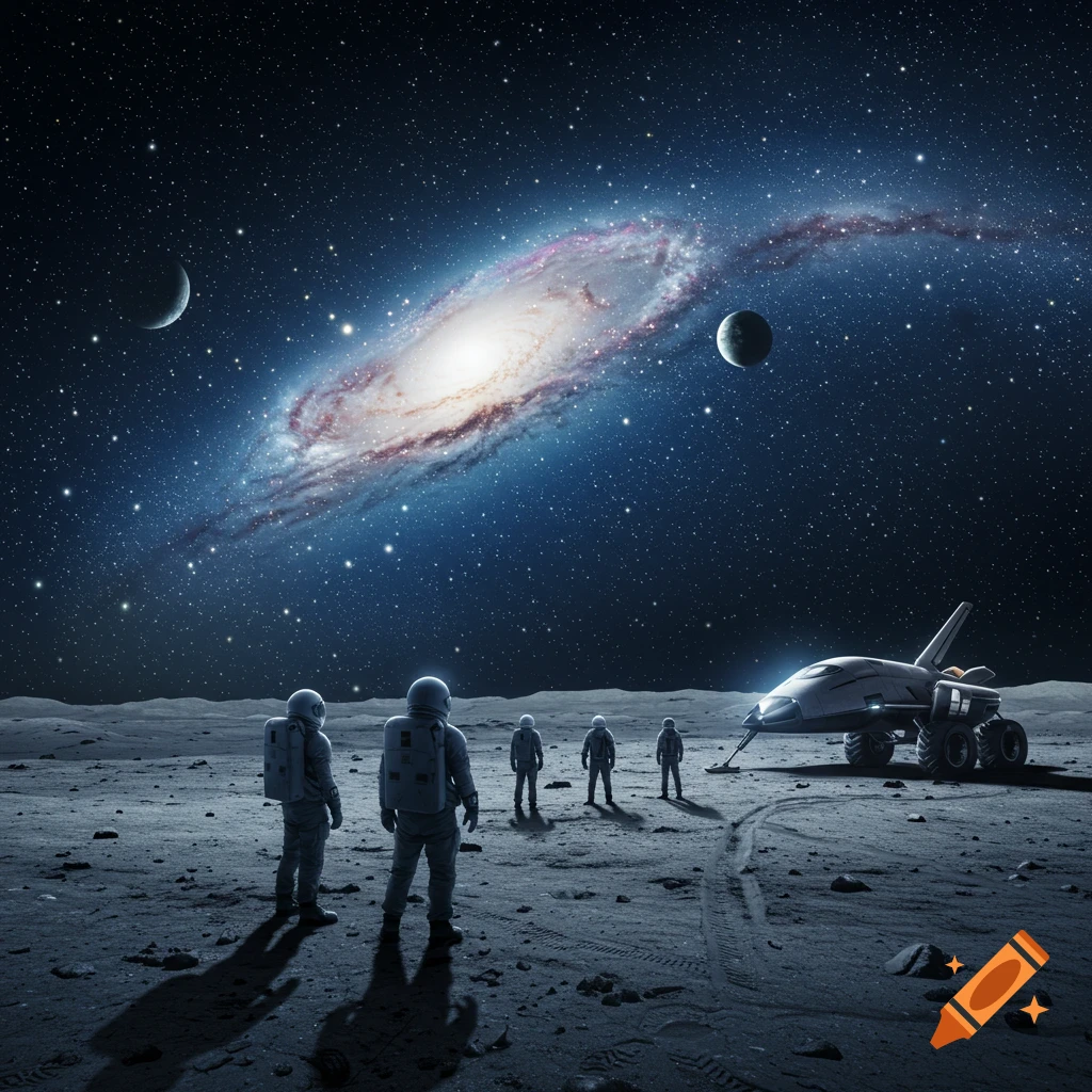 Astronauts on a desolate, rocky moon-like surface look towards a galaxy and planets in a starry cosmic sky, with a space vehicle nearby.
