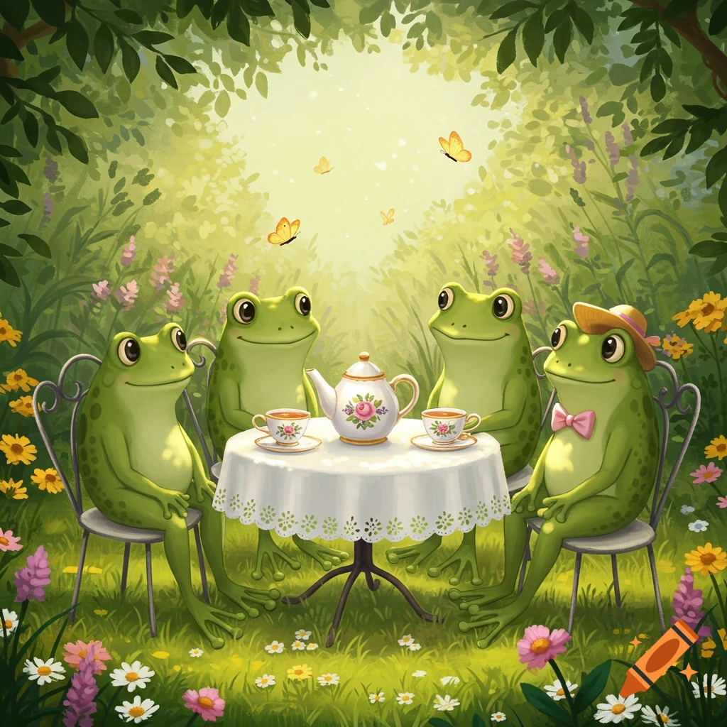 Four cartoon frogs have a tea party in a sunny garden with flowers and butterflies. One frog wears a hat and bow tie.