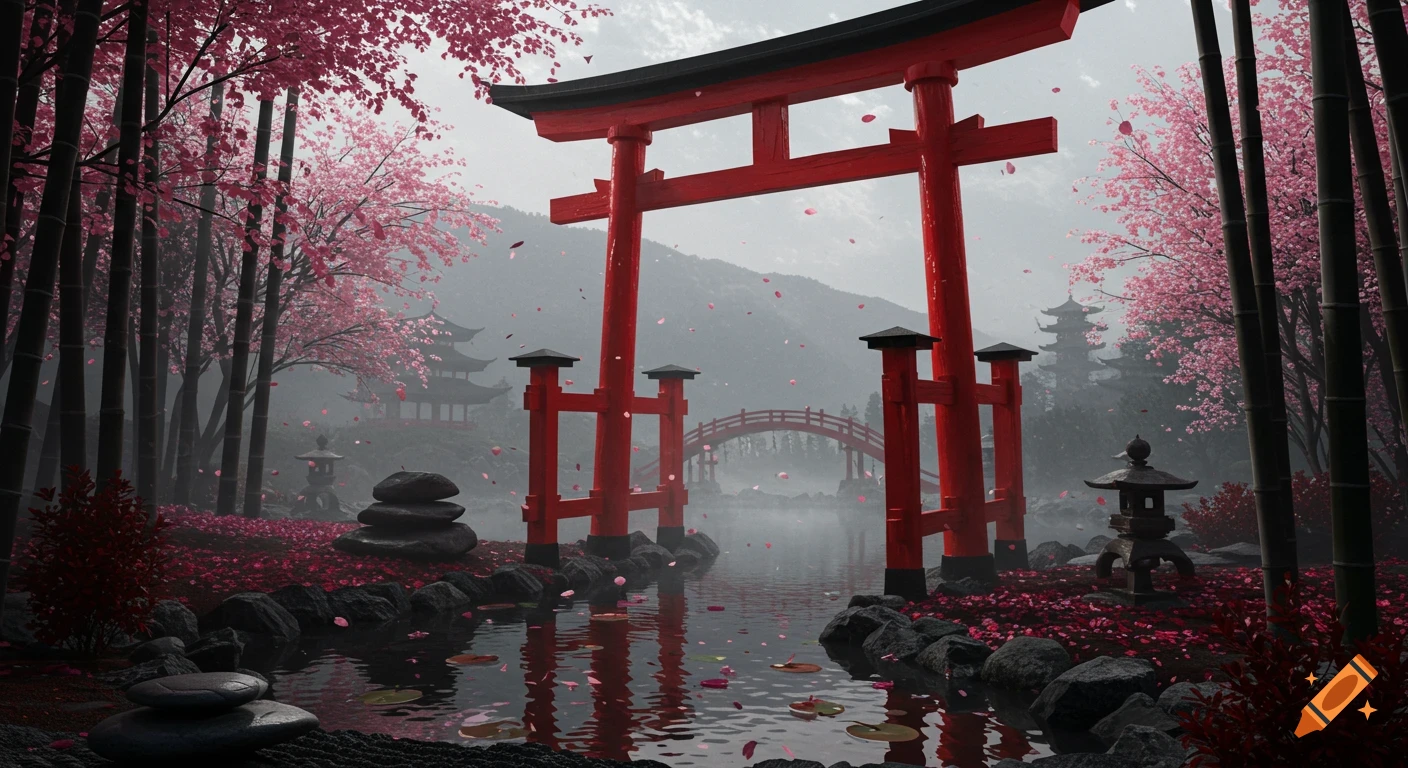 A serene Japanese landscape with a prominent red torii gate, pink cherry blossoms, and bamboo trees surrounding a misty lake.