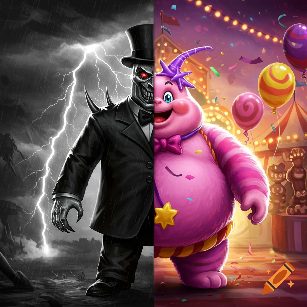 A split image of a skeletal monster in a top hat in a thunderstorm and a happy pink monster at a carnival.