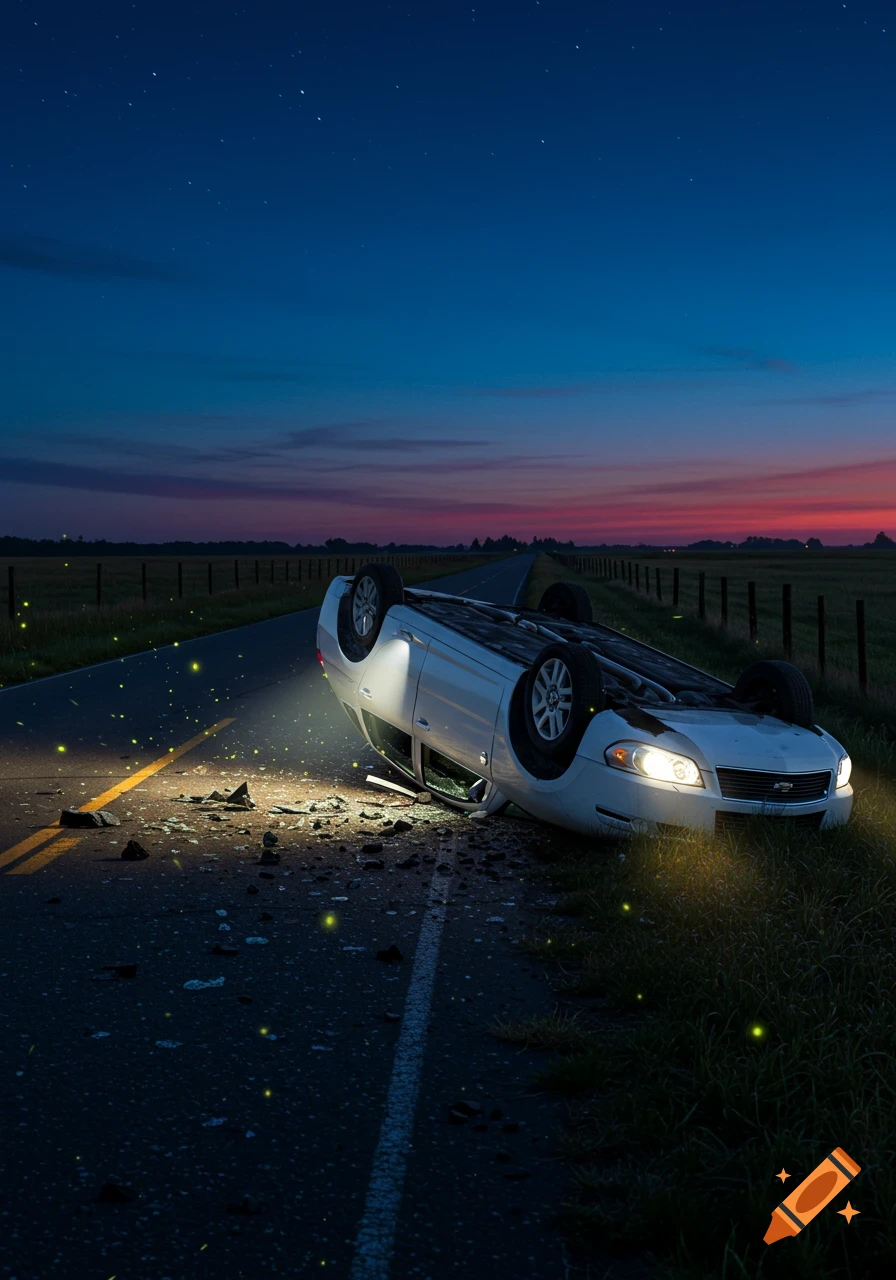 A white car is flipped upside down on a dark road at dusk, with debris on the asphalt and glowing fireflies in the grass.