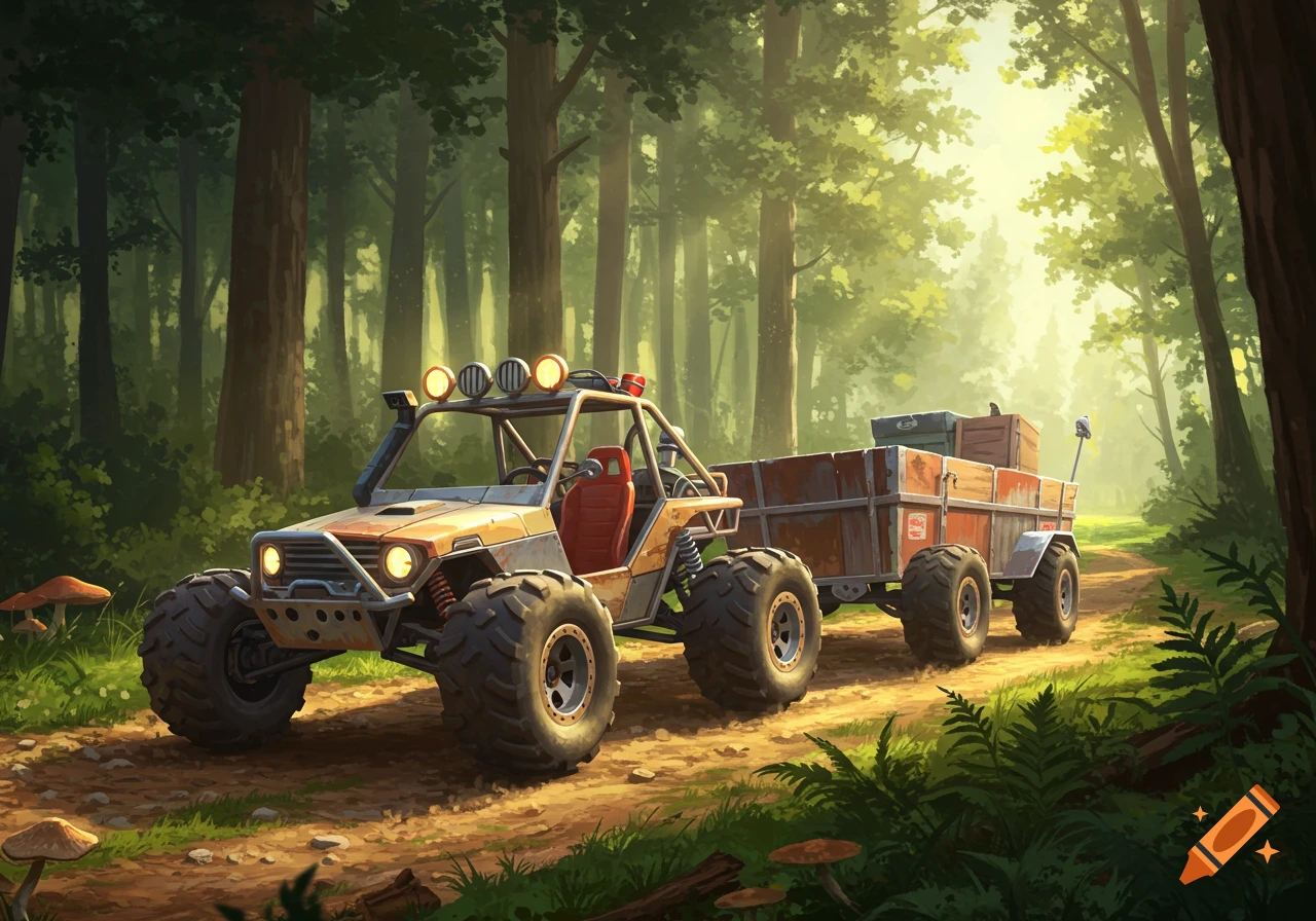 An off-road go-kart with a trailer on a dirt path through a sunlit forest, surrounded by tall trees and green foliage, in an illustrative style.