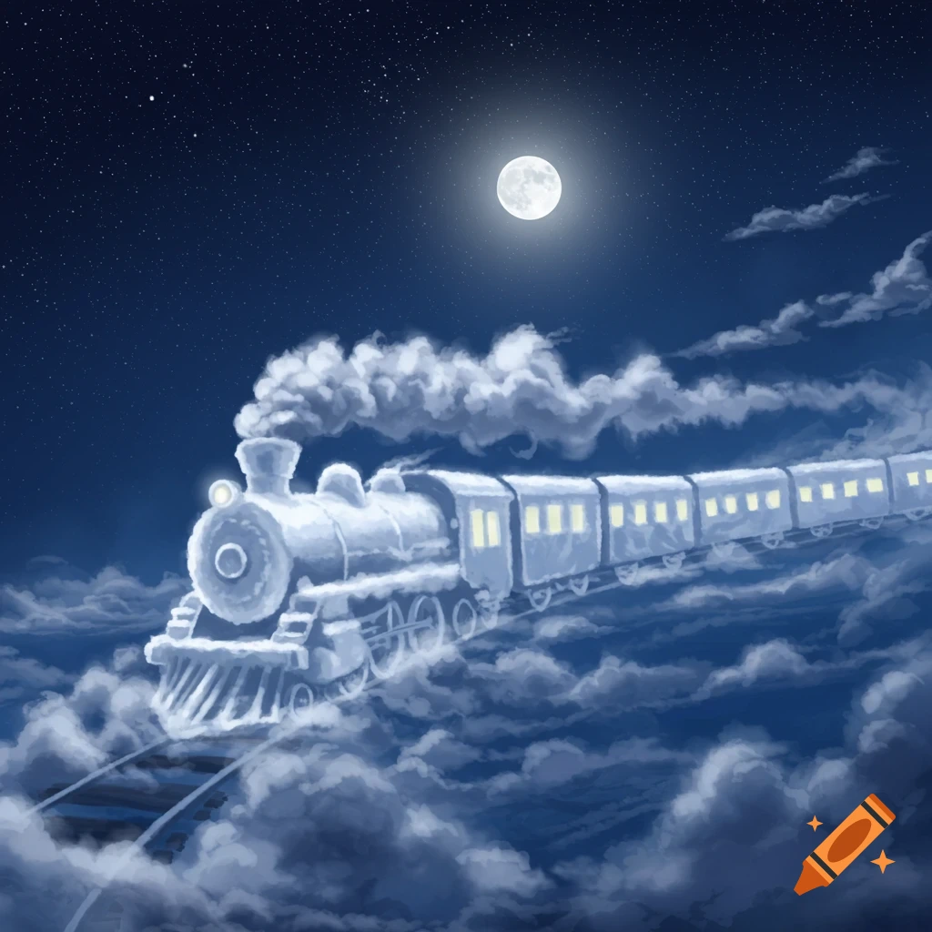 A whimsical train made of clouds floats through a starry night sky with a full moon.