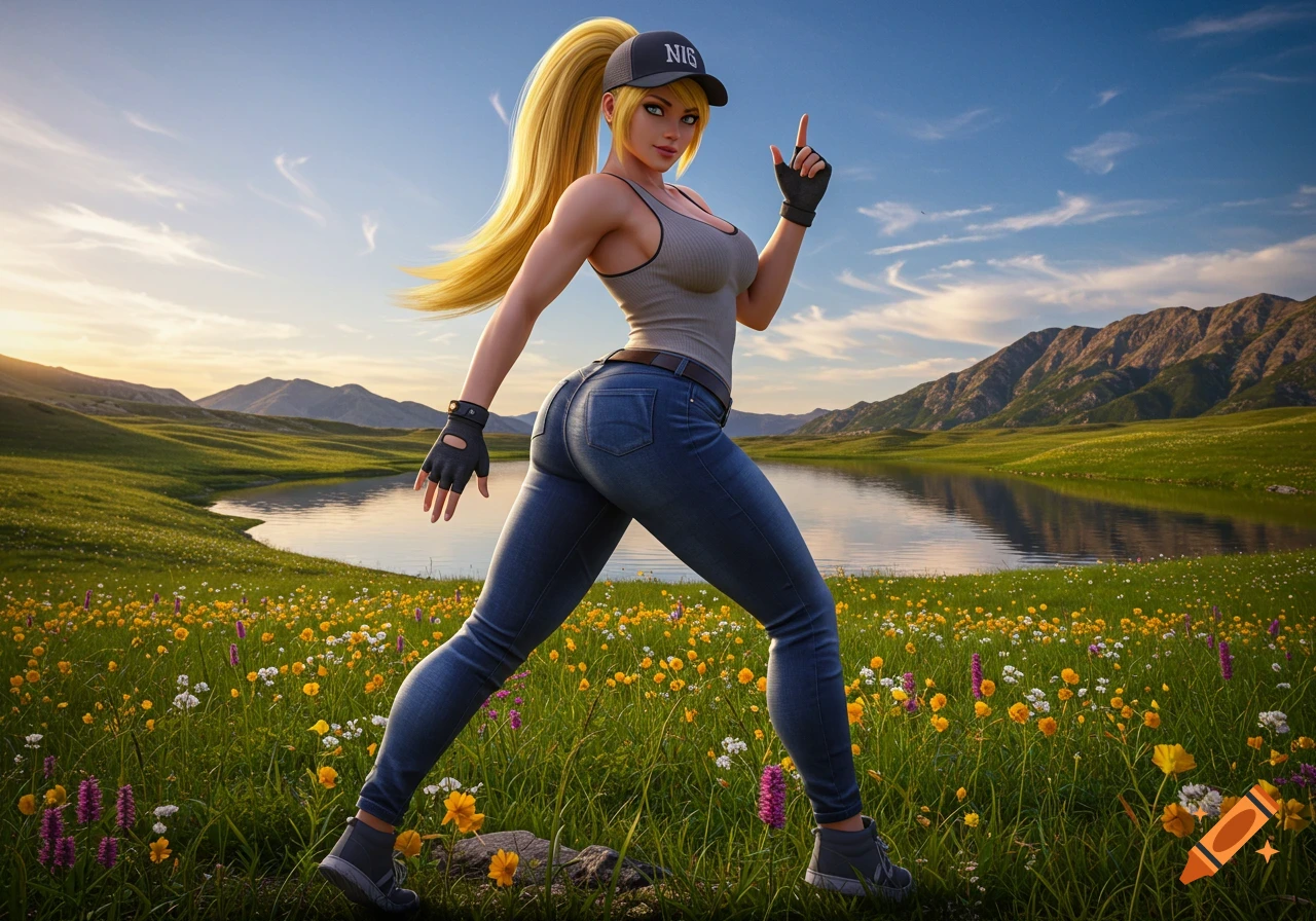 A blonde woman in a tank top, jeans, and a cap stands in a vibrant green meadow with a lake and mountains under a blue sky, pointing up.