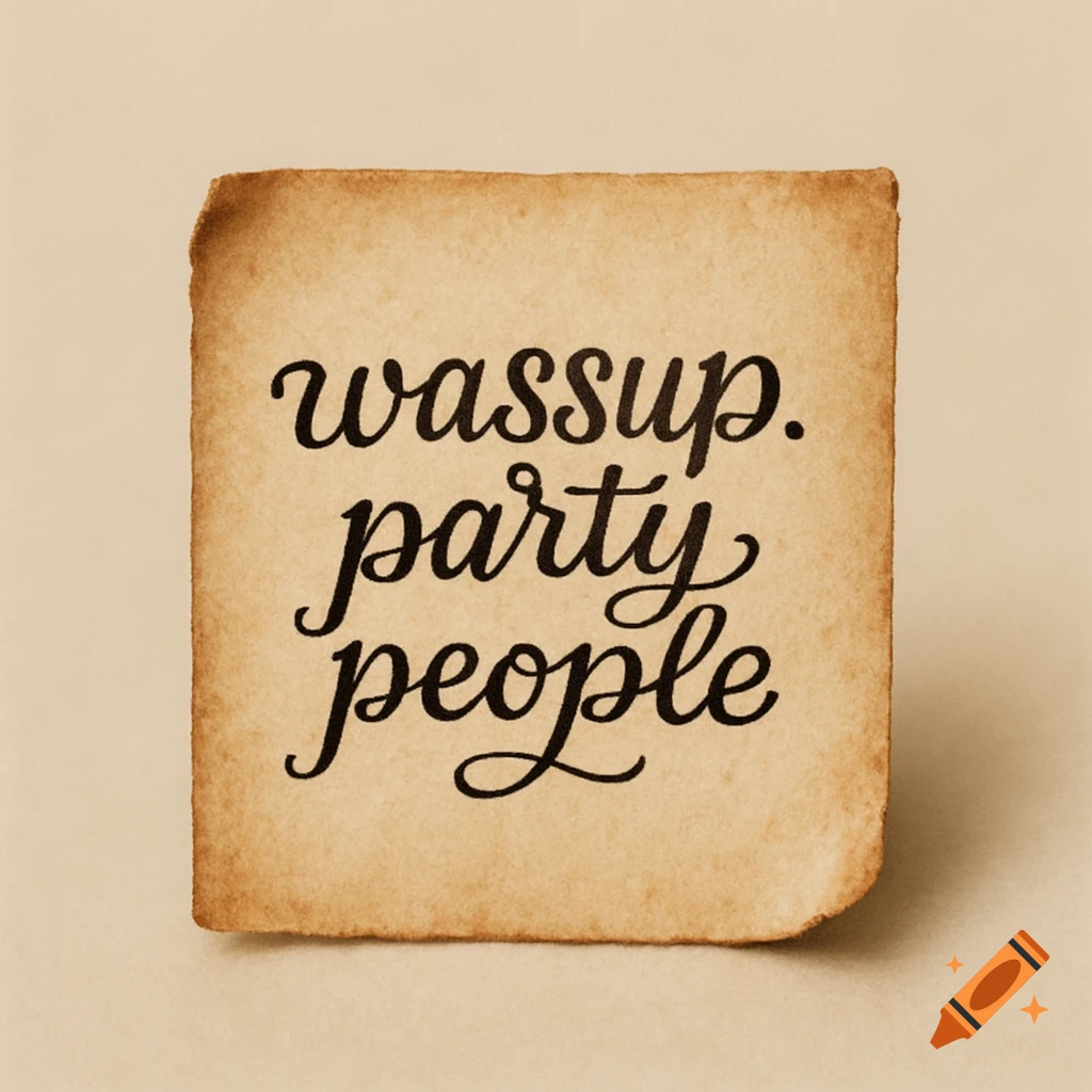 A piece of aged paper with the phrase "wassup. party people" written in a decorative, cursive font.