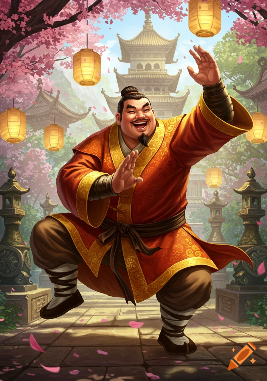 A cheerful, burly ancient Chinese kung fu warrior in an orange robe poses with arms raised, surrounded by cherry blossoms, lanterns, and pagodas.