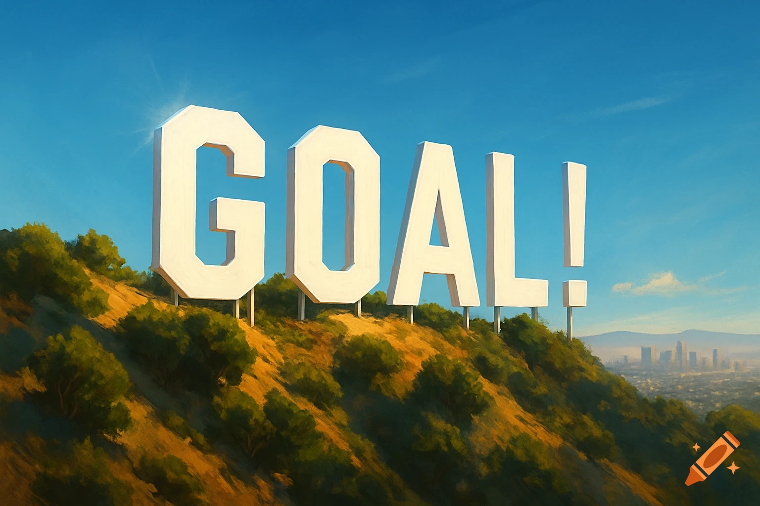 Large white letters spelling 'GOAL!' on a sunny, bushy hillside overlooking a distant city skyline under a clear blue sky.