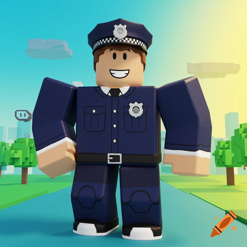 A cheerful Roblox-style police officer avatar in a blue uniform and hat stands on a path in a blocky, colorful landscape.