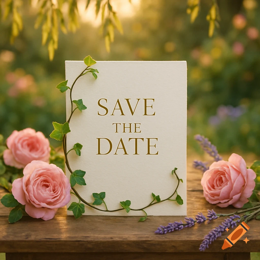A cream-colored "Save the Date" card with gold text, adorned with green ivy, pink roses, and lavender, on a wooden surface in a soft-focus garden setting.