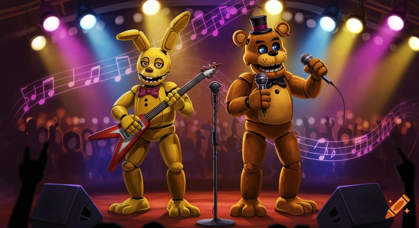 A yellow rabbit playing guitar and a brown bear singing into a mic on a stage with spotlights, musical notes, and a crowd.