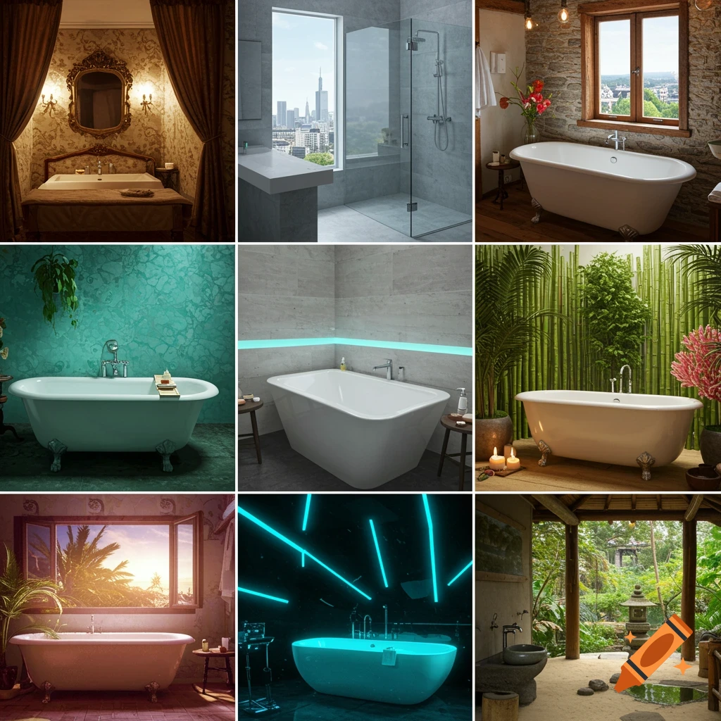 Six unique bathrooms in diverse architectural and interior design styles, from rustic to modern to tropical.