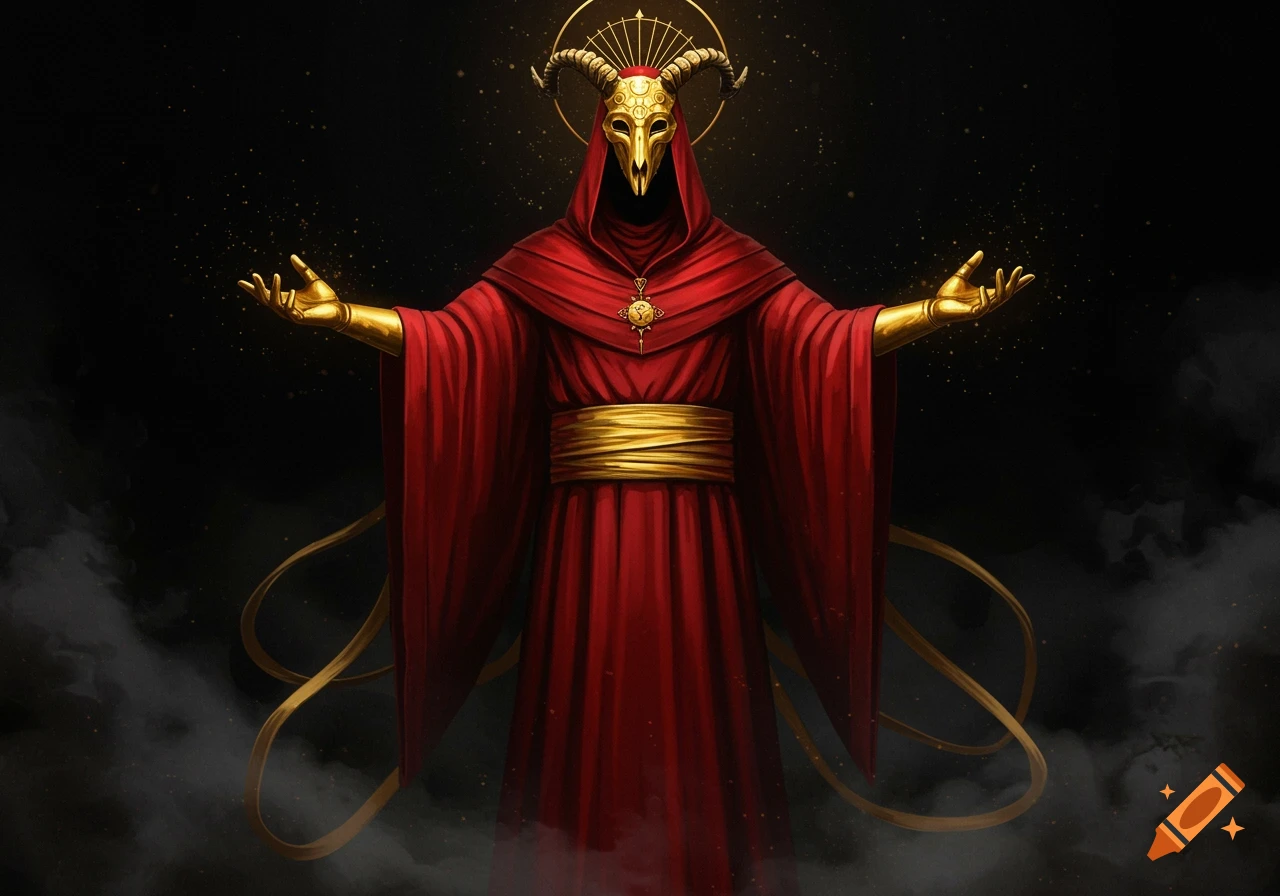 A cloaked figure in a red robe and gold goat skull mask stands in a void with outstretched golden hands.