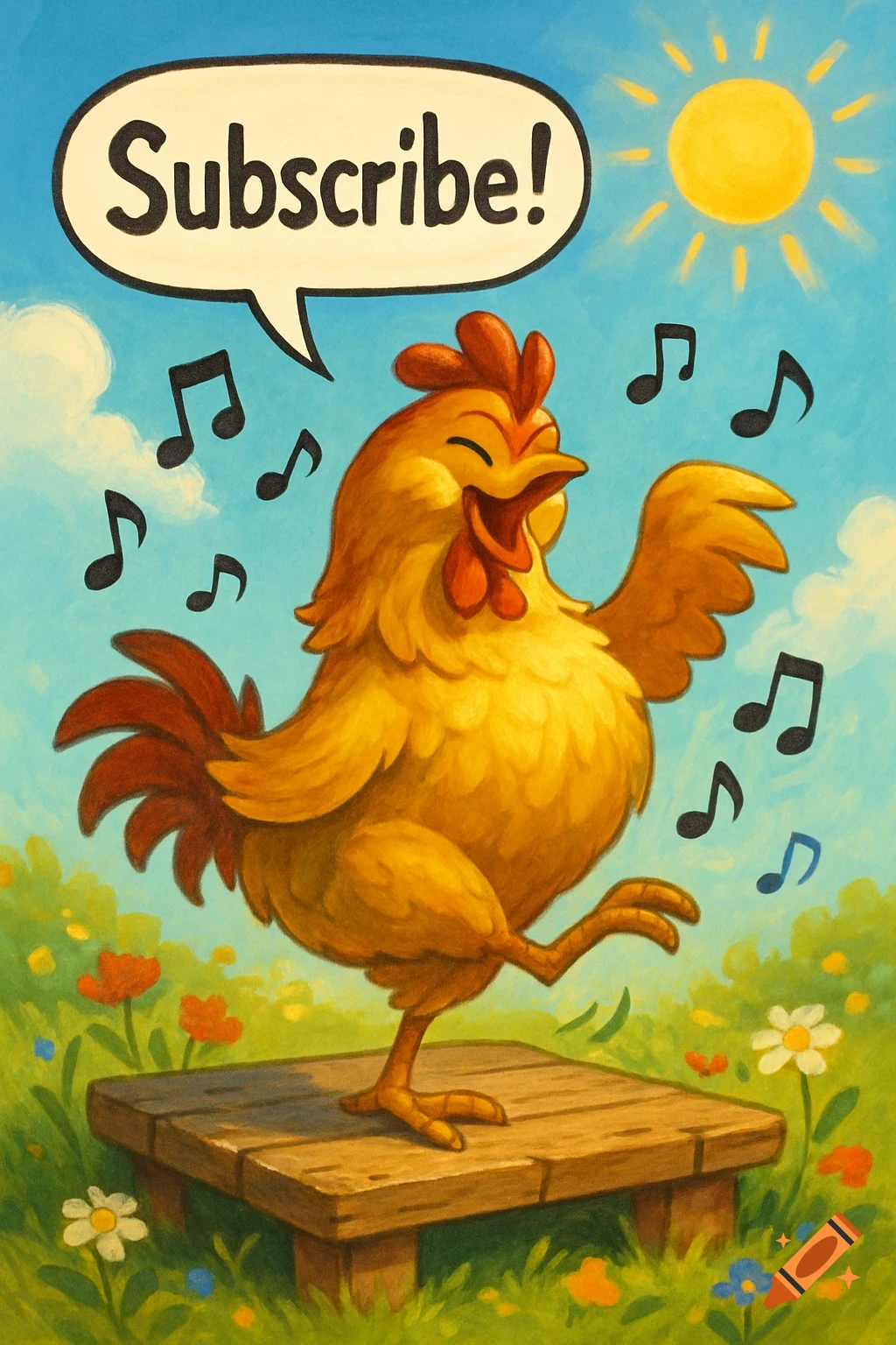 A cartoon chicken dances on a wooden stage in a sunny field, surrounded by musical notes. A speech bubble says 'Subscribe!'