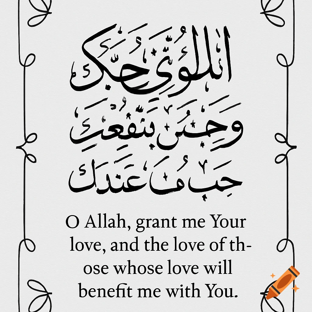 Black and white image of Arabic calligraphy and its English translation, framed by a delicate border.