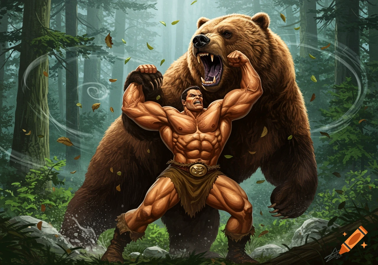 A muscular man flexes in front of a roaring bear in a stylized fantasy forest illustration.