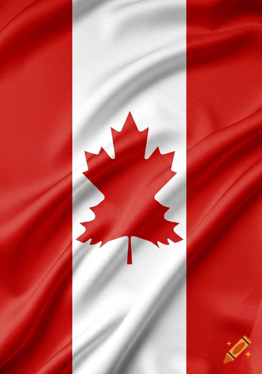 Close-up of the Canadian flag with a red maple leaf on a white stripe, flanked by red stripes, all rippling softly.
