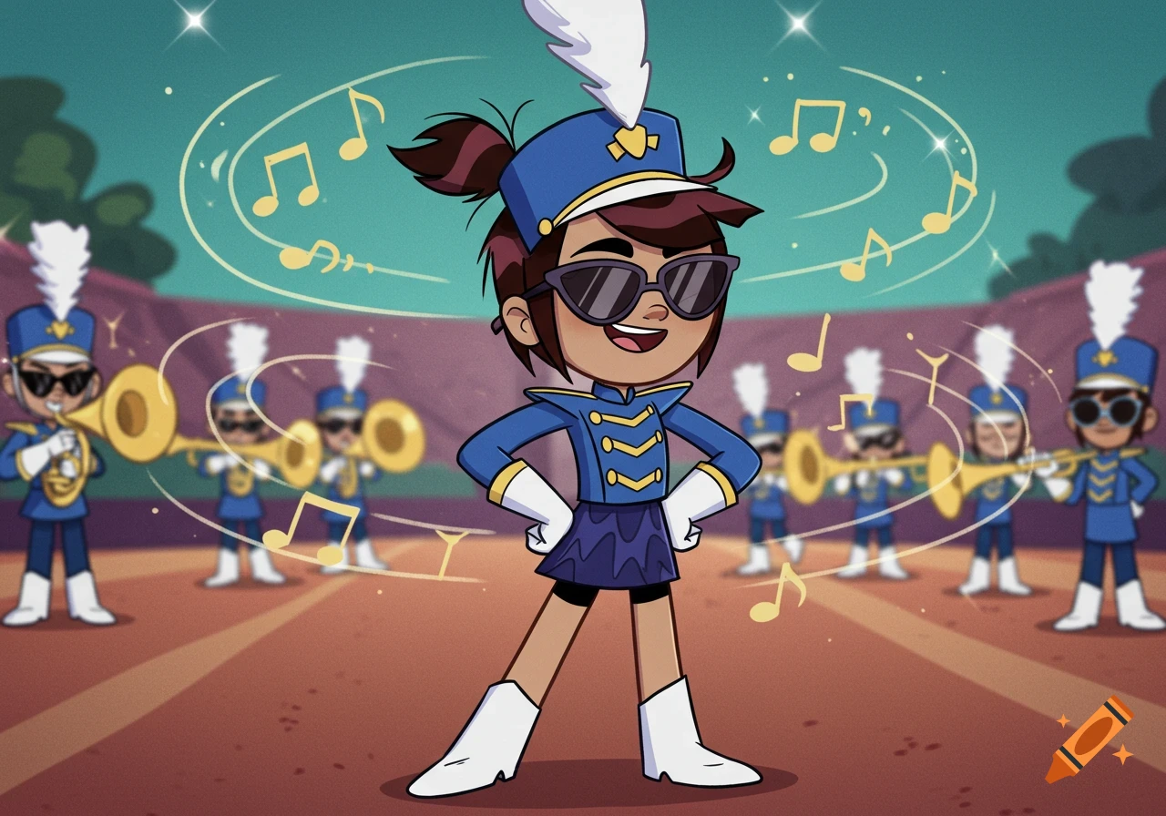 A cool cartoon character with sunglasses leads a marching band, surrounded by floating musical notes.