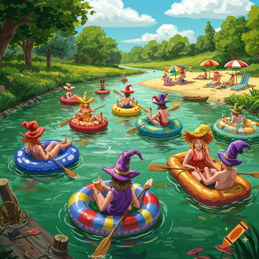 A vibrant cartoon illustration of people in witch hats floating down a green river on colorful rafts past a sunny beach with umbrellas.