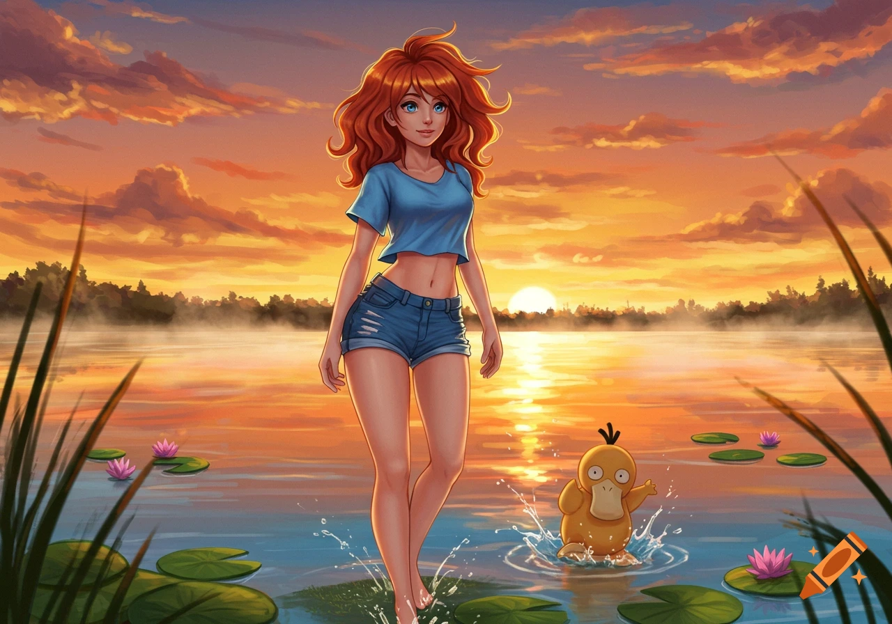 A stylized red-haired woman in a blue crop top and denim shorts stands in a lake with Psyduck, set against a vibrant sunset and misty forest.