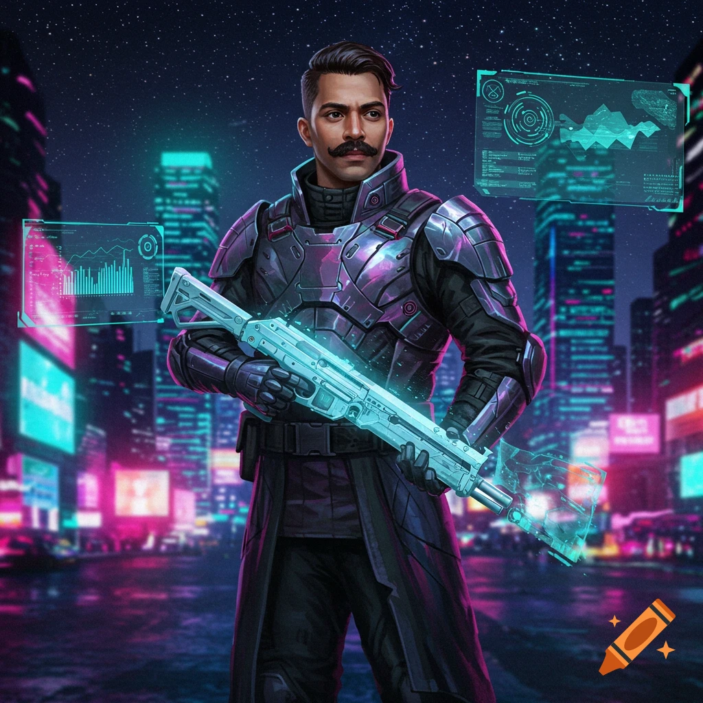 A futuristic sci-fi soldier with a mustache holds a glowing rifle in a neon-lit cyberpunk city, with holographic data displays floating around.