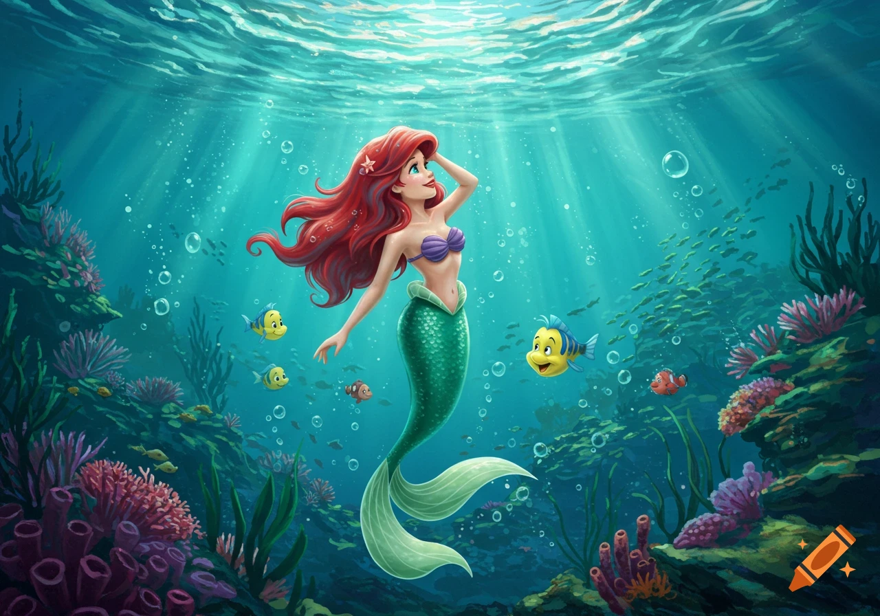 Ariel, the Little Mermaid, swims gracefully underwater with Flounder and other fish amidst vibrant coral reefs, bathed in sunlight.