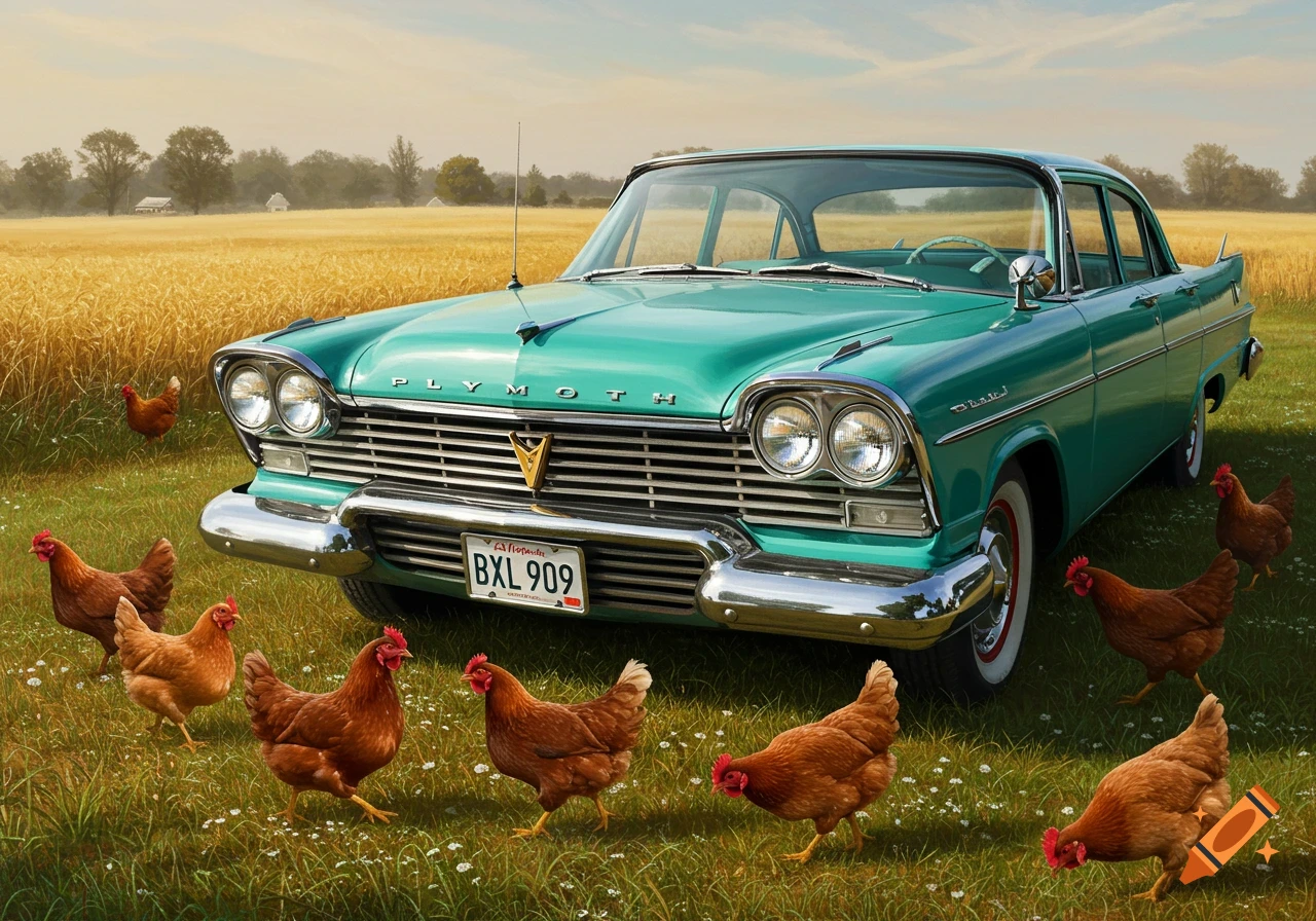 A teal 1958 Plymouth car is parked in a grassy field with golden wheat in the background, surrounded by brown chickens.