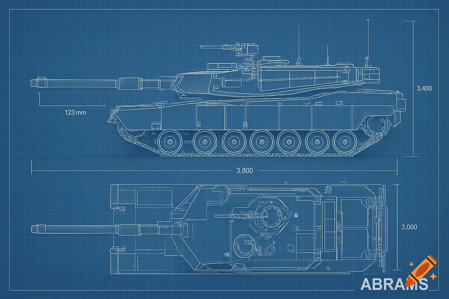 A detailed blueprint of an Abrams tank, showing side and top views with dimensions and markings.