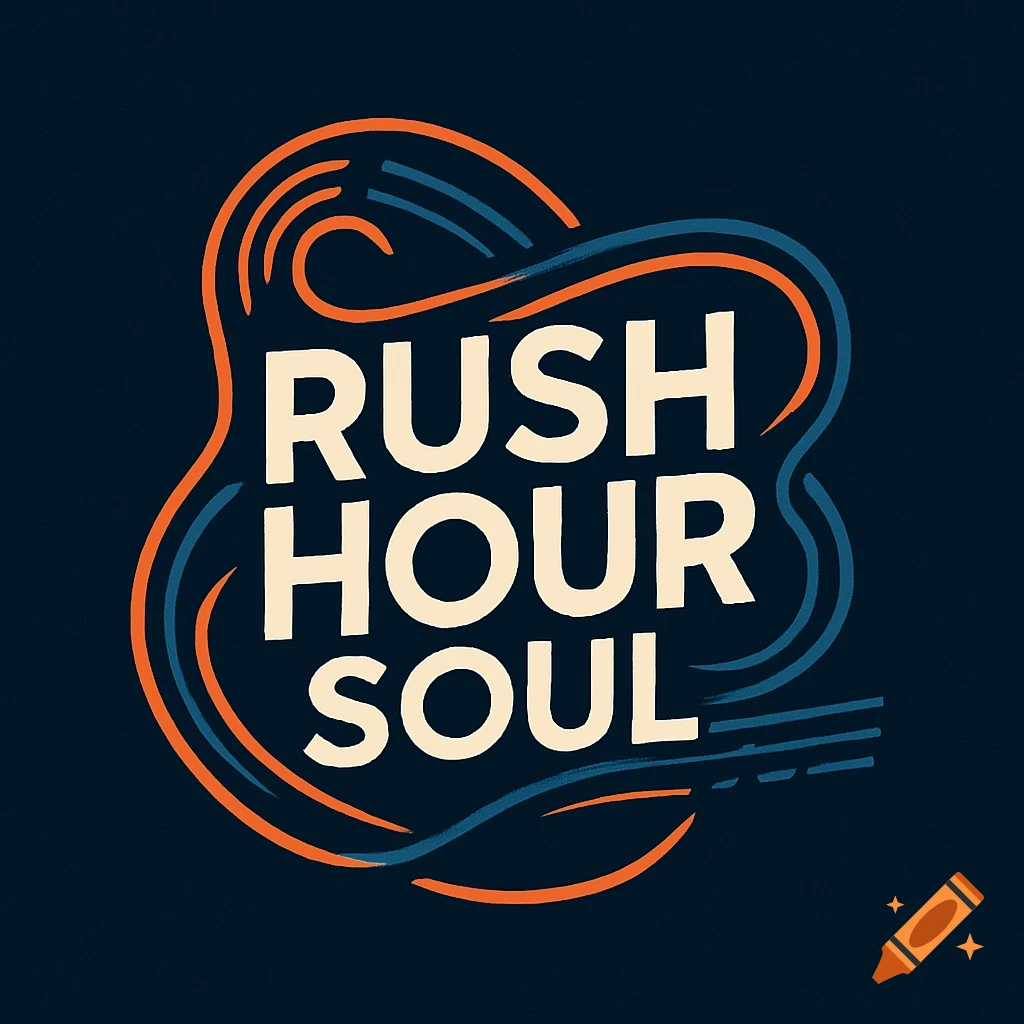 A retro-style logo for 'Rush Hour Soul' with white text inside an abstract orange and blue outline on a dark background.