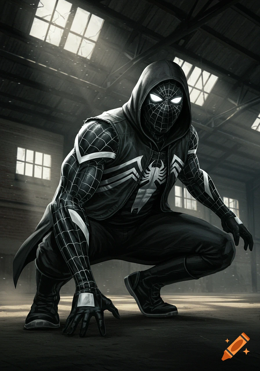 A masked vigilante in a black suit with white web patterns, a Venom symbol, and a black hooded sweatshirt crouches in a dark industrial building.