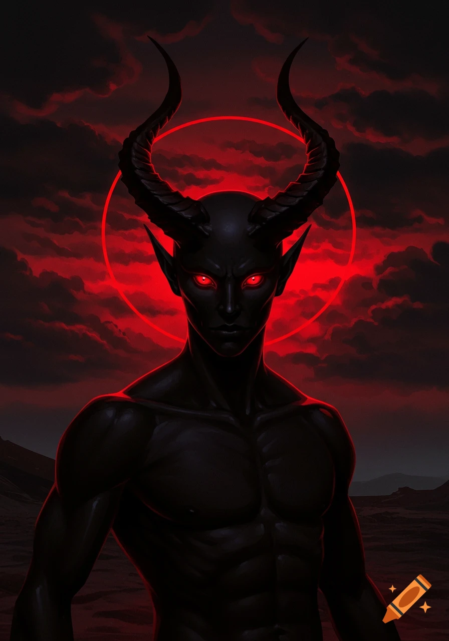 Dark horned demon with glowing red eyes, sharp ears, and muscular physique against a red sky with a halo.