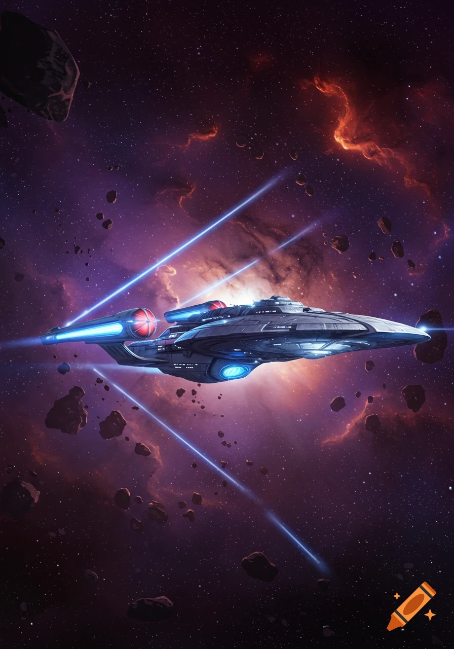A futuristic spaceship with glowing blue engines navigates through a vibrant purple and orange nebula, surrounded by asteroids.
