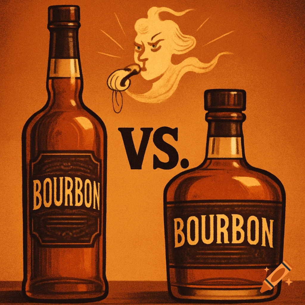 A tall and short bourbon bottle face off with "VS." in the middle and a ghostly referee figure blowing a whistle. Illustrated in a grainy, vintage style.